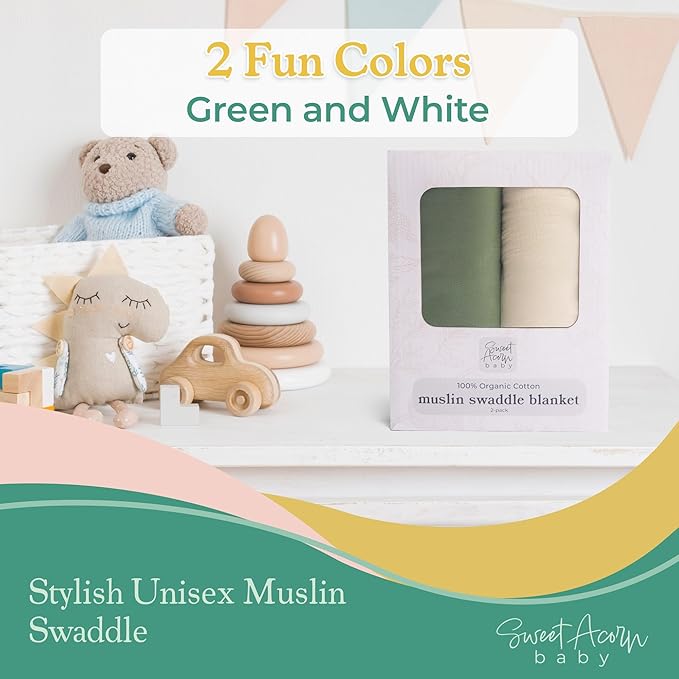 Muslin Swaddle Blanket ??Soft Cotton Muslin Baby Blanket for Newborns, Infants, and Toddlers, All-Season Comfort Baby Essential - Green and White