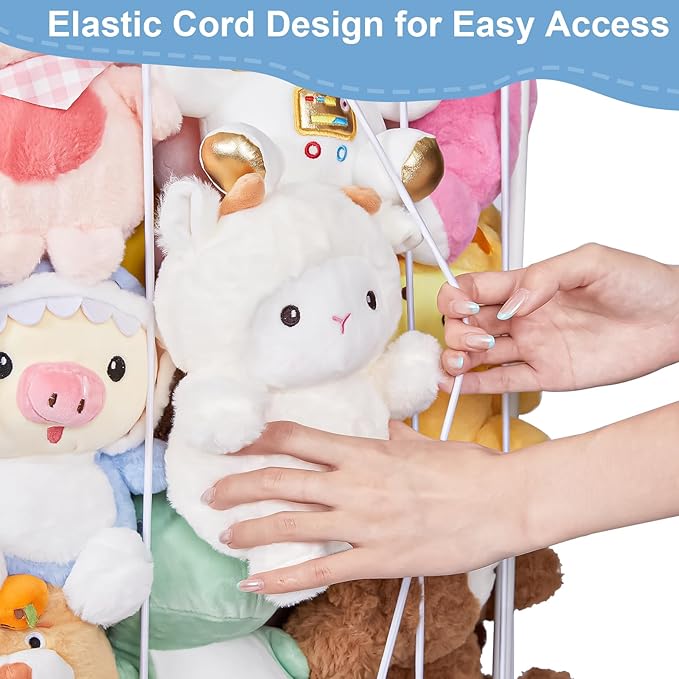 Stuffed Animal Storage Metal Tube Small Toy Storage Organizer with Elastic Cord, Multifunctional Garage Ball Storage Freestanding or Wall-Mounted Stuffed Animal Holder Zoo for Playroom Bedroom (White)