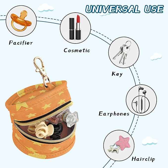 Pacifier Holder with Clip Pacifier Case for Diaper Bag Round Baby Pacifier Pouch Box Bag Portable Orange Stars