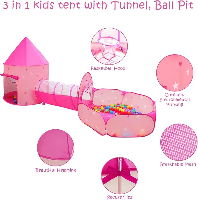 3PC Princess Tent for Girls with Kids Ball Pit, Kids Play Tents and Crawl Tunnel for Toddlers, Pink Pop Up Playhouse Toys for Baby Indoor& Outdoor Tent Games (Pink Tent with Stars 3pc)