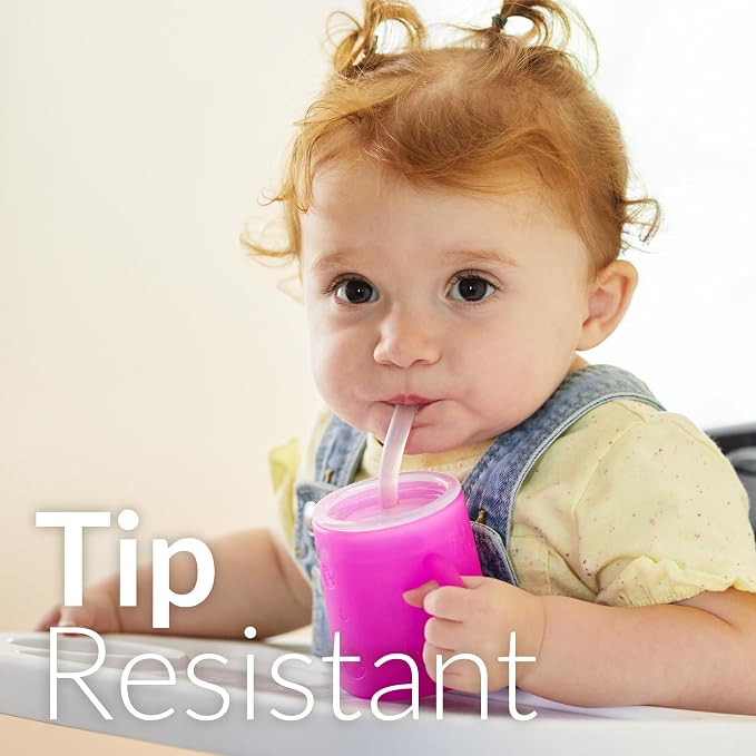 PopYum Silicone Training Cup with Straw Lid 2-Pack for Baby, Infant and Toddler, Tumbler, Sippy, handles, 5 ounce (blue, pink)