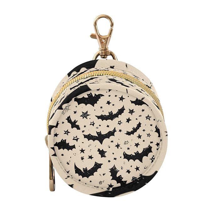 Pacifier Holder with Clip Pacifier Case for Diaper Bag Round Baby Pacifier Pouch Box Bag Portable White Halloween Bats Stars
