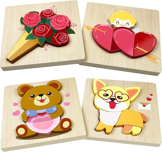 Anditoy 4 Pack Valentines Wooden Puzzles for Kids Toddlers Valentines Party Favors Gifts