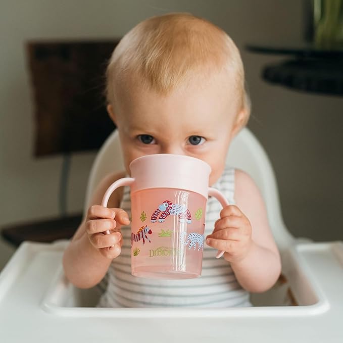 Dr. Brown's Milestones Cheers 360 Spoutless Transition Cup with Handles, Travel Friendly and Leak Free Sippy for Babies and Toddlers, Pink Animals, BPA-Free, 7 oz/200 mL, 6m+, 1-Pack