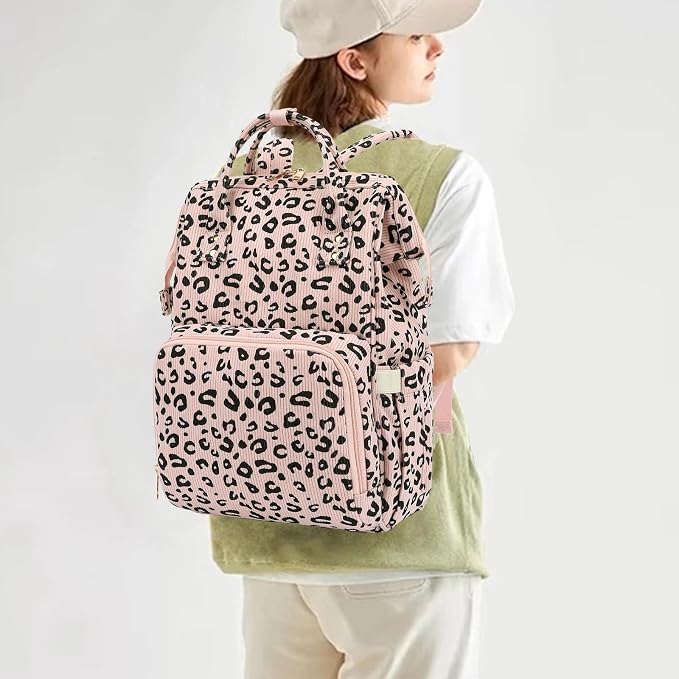 Corduroy Diaper Bag Backpack for Baby Girls Boys, Women Large Nappy Bags for Mom (Pink Corduroy Leopard)