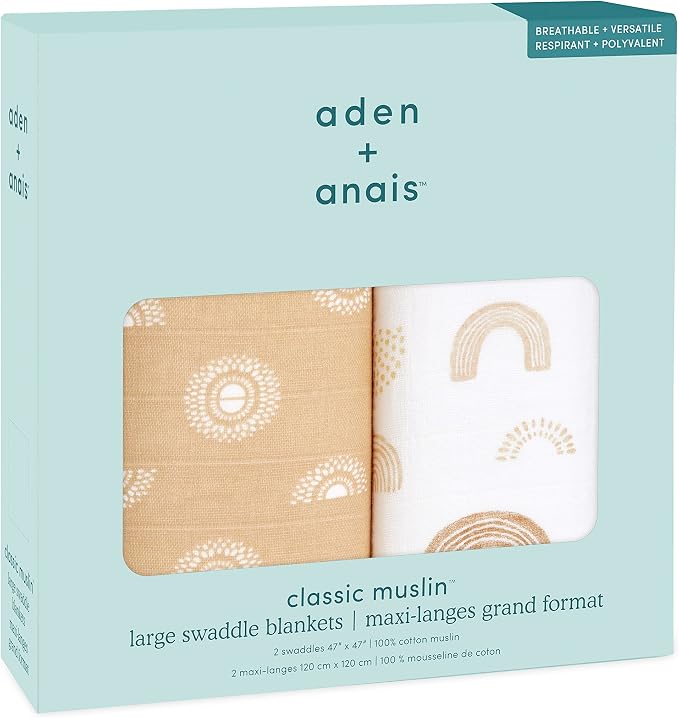 aden + anais Swaddle Blanket, Boutique Muslin Blankets for Girls & Boys, Baby Receiving Swaddles, Ideal Newborn & Infant Swaddling Set, 2 Pack, Keep Rising