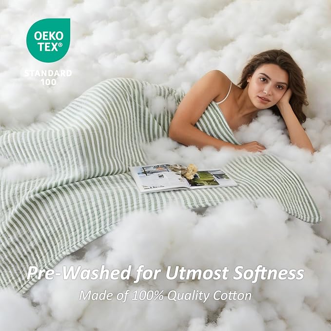 EMME Cotton Muslin King Blanket Bed Layering Bedspread Coverlet Breathable Gauze Soft Lightweight (Striped Sage Green, 108"x90")