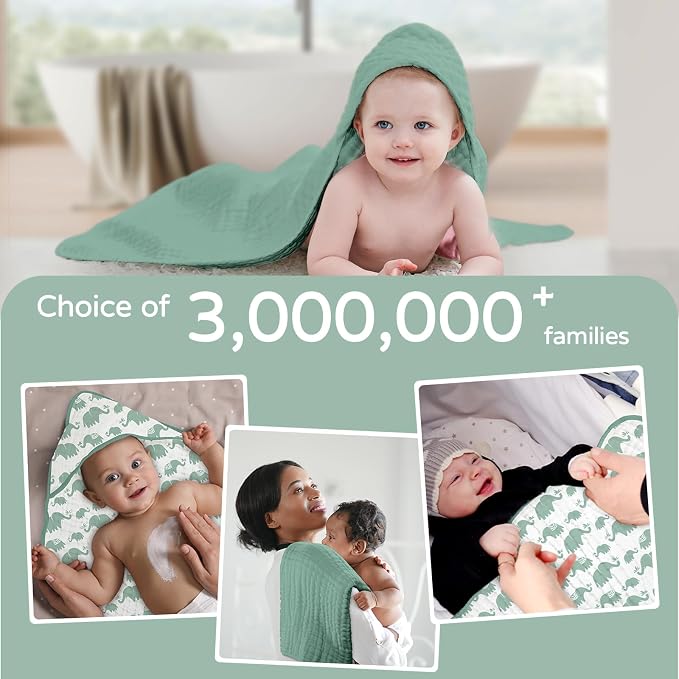 Yoofoss Hooded Baby Towels for Newborn 2 Pack 100% Muslin Organic Cotton Baby Bath Towel with Hood for Babies, Infant, Toddler and Kids, 32x32Inch, Soft and Absorbent Newborn Essential, Green Elephant