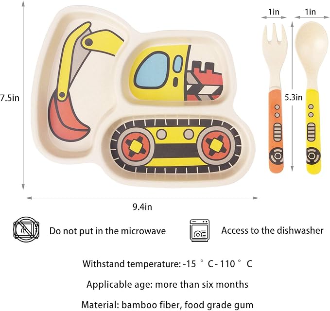 Kid Plate Set Bamboo Toddler Plates Dinnerware Dinner Dish Set Baby Feeding Spill Proof Divided Plate - Baby Spoon and fork 3-Piece Set for Kids and Toddlers (excavator/bulldozer)