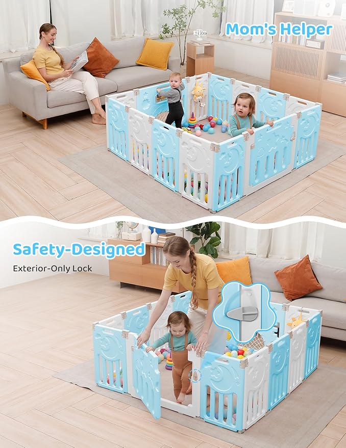 Baby Playpen, Dripex Baby Playard for Babies and Toddlers, 14-Panel Foldable Playpen Adjustable Portable Play Area, Indoor/Outdoor Kids Active Center with Game Panel & Safety Gate, Blue White