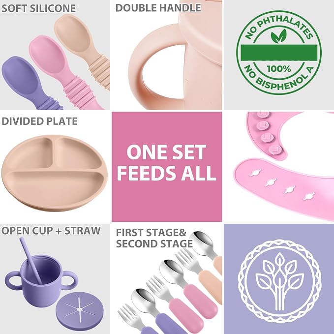 Yinder 24 Pack Silicone Baby Feeding Set Baby Led Weaning Essentials Suction Divided Plate Bowl Spoon Fork Adjustable Bib Snack Cup Straw for 6+ Months(Purple, Pink, Nude)