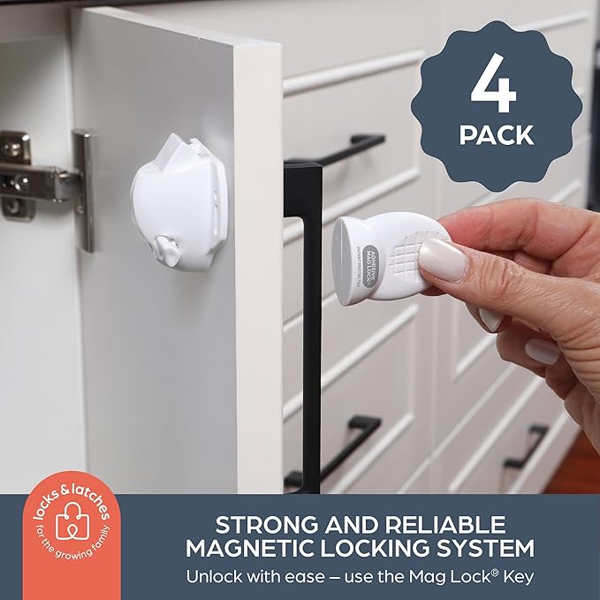 Dreambaby Adhesive Mag Locks - 4 Locks, 1 Key - White