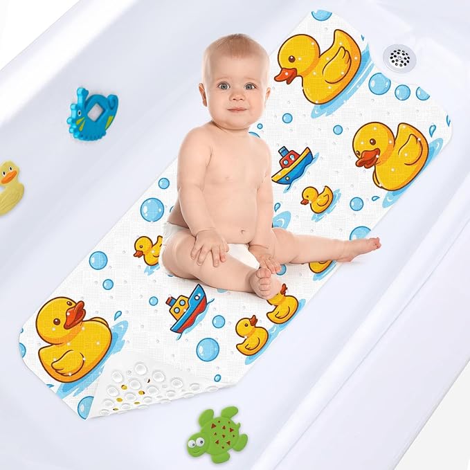 Rubber Duck Yellow Bathtub Shower Mat Nautical Cute Non-Slip Tub Extra Long Bath Floor 40X16 Inch Machine Washable for Bathroom Tub Bath Mat for Toddler and Baby
