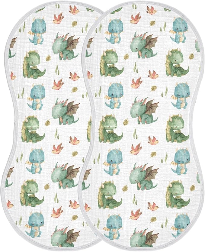 Burbuja Cute Dragon Muslin Baby Burp Cloths, Soft & Absorbent Cotton Burping Rags for Newborn Boys & Girls, 2 Pack