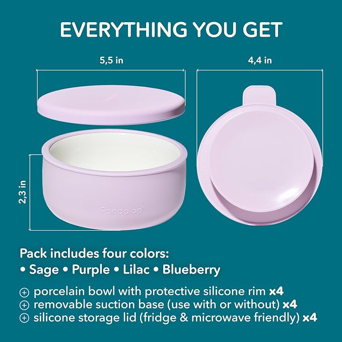 Pandaloo® Porcelain Kids Bowls 4-Pack with Removable Suction Base & Silicone Lid, Non-Toxic Toddler Feeding Bowls, Microwave & Dishwasher Safe, Ceramic Baby Bowls for Babies & Toddlers