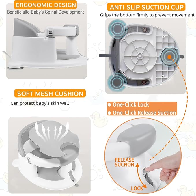 Baby Bath Seat for Babies 6 Months & Up, Toddler Bath Seats for Babies Sitting Up, Non-Slip Infant Bath Tub Chair with Suction Cups & Soft Cushion for Shower, Compact Toddler Bathtub Seat, Grey
