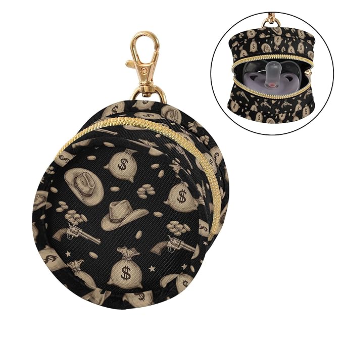 Western Cowboy Black Print Pacifier Holder Case for Diaper Bag Portable Travel Pacifier Storage Case with Clip Pacifier Storage Container for Outdoor Purse Baby Girls Boys