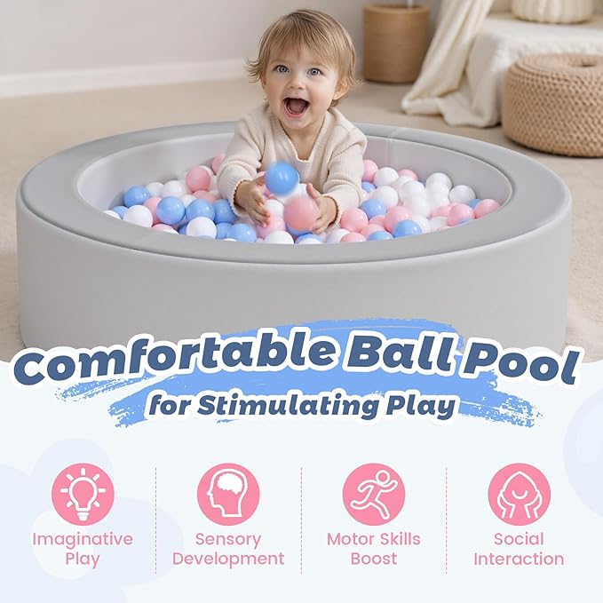 Leather Foam Ball Pit for Toddlers: Waterproof Baby Ball Pit with Soft Memory Foam - Large Soft-Play Set Baby Playpen Indoor Outdoor Games - Ideal Gifts Toys for Boys and Girls (Upgraded Round)