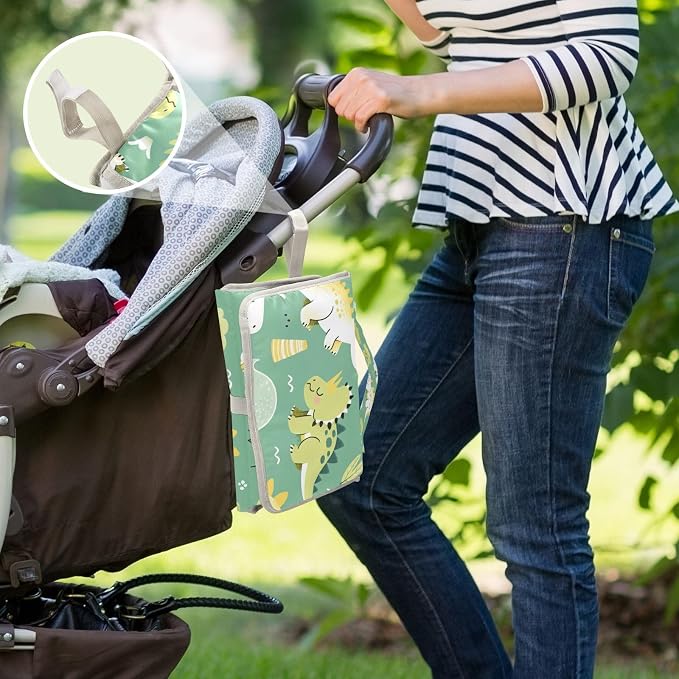 Cute Dinosaurs Portable Diaper Changing Pad - Waterproof Foldable Baby Diaper Changing Pad with Built-in Pillow, Travel Diaper Changing Mat for Newborn Baby