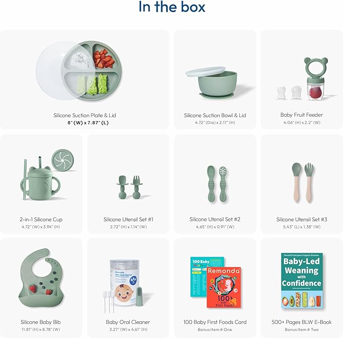 Remonda 23-Piece BPA-Free Silicone Baby Feeding Set | Extra Large Suction Plates, Toddler Bowls, Self Feeding Spoons, and More | Dishwasher Safe| Baby Led Weaning Supplies (Greenï¼?1