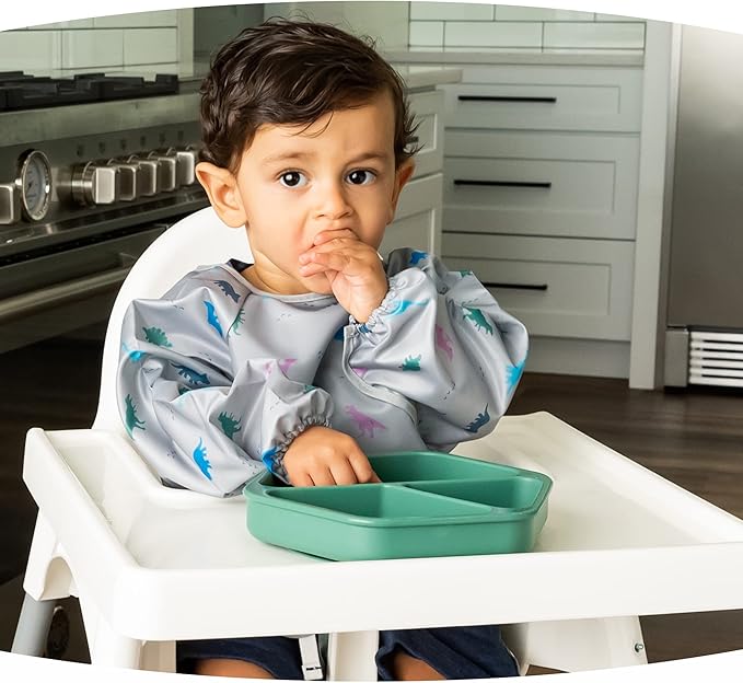 Tiny Twinkle Silicone Suction Baby Plate, Suction Grip Divided Dish for First Foods and Self-Feeding Toddlers, Baby Led Weaning Supplies for Independent Eating (Olive Plate with Lid)