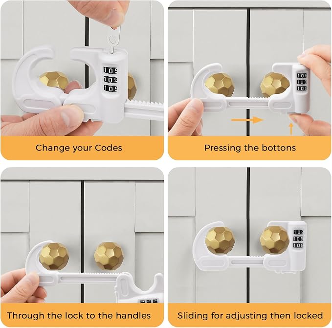 4 Pack Cabinet Locks with Combination Baby Proof Cabinet Door Lock Multifunctional Adjustable Child Safety Lock Knobs Door Lock for Home Refrigerator Doors Cabinet Knobs Double-Door Cabinet (White)