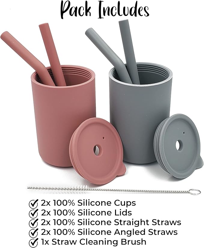 Silicone Toddler Smoothie Cups with Straw, Unbreakable Training Cup with Straw for Babies and Toddlers for less mess, BPA-Free Silicone Baby cup, 6+ Month, 6oz, 2 pack (Pink/Grey)