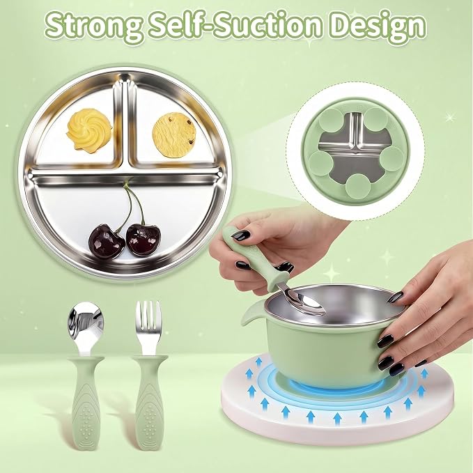 5-in-1 Stainless Steel Baby Feeding Set, Suction Divided Plates, Bowls, Silicone & Stainless Spoon Fork, Baby Tableware for Self-Feeding, Durable, BPA-Free (Green)
