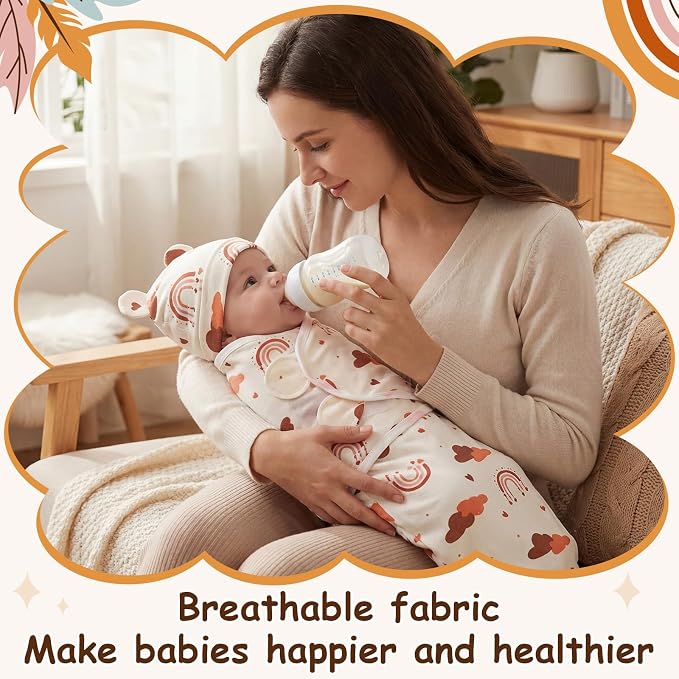 Ramede 6 Pack Swaddle Blanket with Hats for Baby Girl Boy 100% Cotton Swaddles 0-3 Months, Adjustable Breathable Skin Friendly Receiving Blanket Wrap, Essential for Newborns(Boho,Khaki)