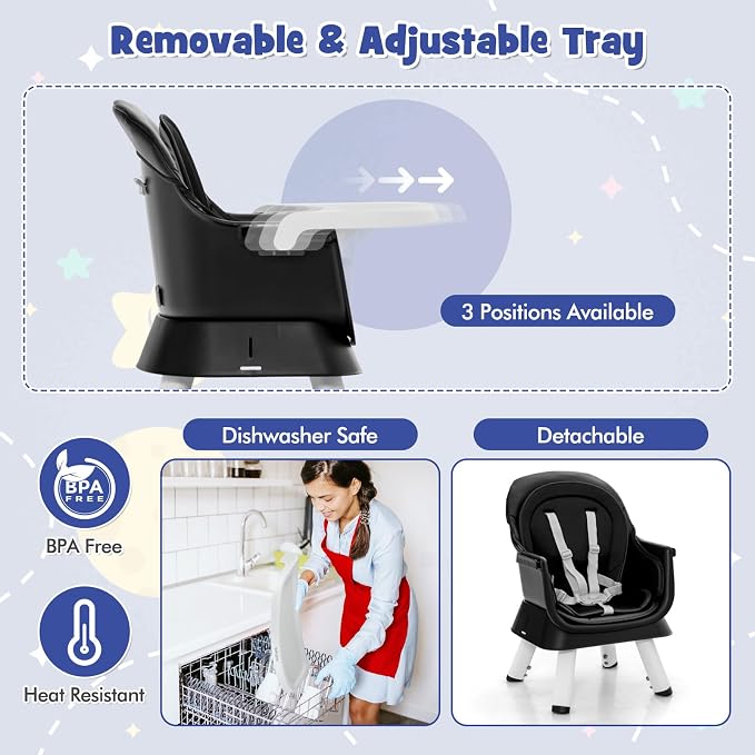 HONEY JOY 8 in 1 Baby High Chair, Convertible Highchair for Babies and Toddlers/Table and Chair Set/Building Block Table/Booster Seat/Stool/Toddler Chair with Safety Harness (Black)