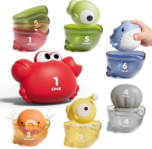 12 PCS No-Hole Matching Bath Toys with Cups 1-3 | 6 squeezable no-hole animals + 6 ABS cups. Match by color & number. Nest & stack teaches counting & colors
