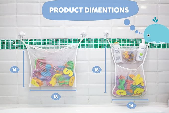 2 x Mesh Bath Toy Organizer + 8 Ultra Strong Hooks ??The Perfect Bathtub Toy Holder & Bathroom or Shower Caddy ??These Multi-use Net Bags Make Baby Bath Toy Storage Easy ??For Kids & Toddlers