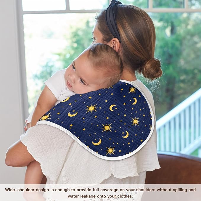 Muslin Baby Burp Cloths, Sun Moon Star Muslin Washcloths Baby Bibs Rags Comfy Soft Absorbent in for Newborn Boys and Girls 4 Piece 22 x 11 Inch