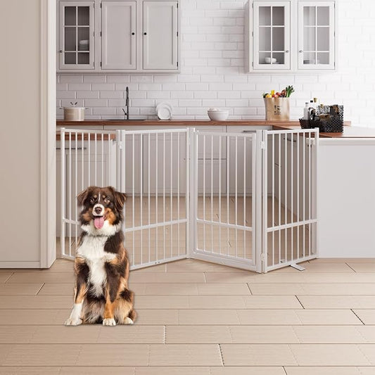 4 Panels Full Metal Freestanding Dog Gates with Door, 80” W x 36” H Folding Pet Gate Fence with Support Feet for Indoor,Stairs, Hallways and Doorways(White)