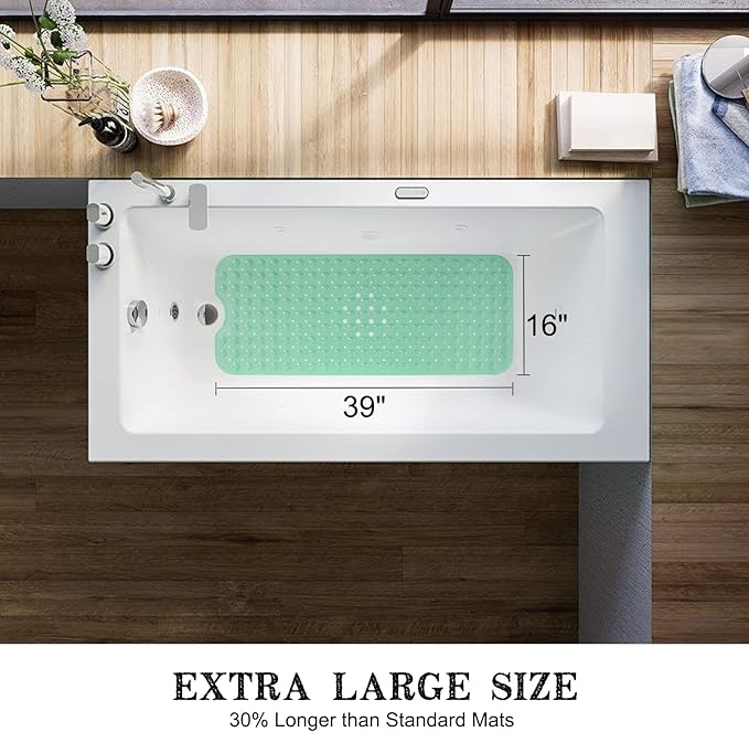 Linoows Bathtub and Shower Mats, Extra Long Non-Slip Bath Tub Mat 39 x 16 Inch, Machine Washable Bathmat with Suction Cups & Drain Holes for Bathroom Floor, Pale Green
