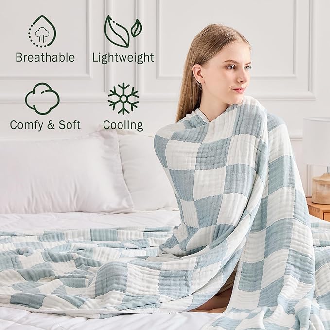 EMME Cooling Muslin Twin XL Blanket - Checkered Lightweight Summer Cotton Blankets of Rayon Derived from Bamboo for Hot Sleepers, Ultra Soft Breathable All Season Gauze