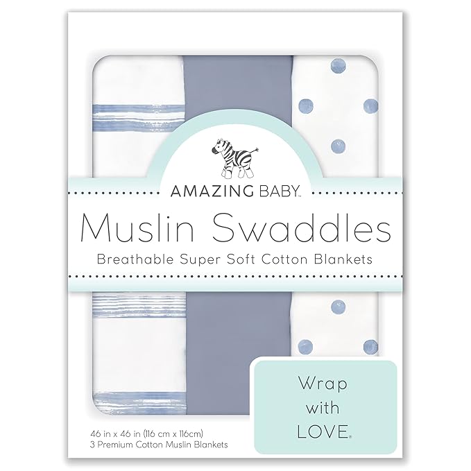 Amazing Baby Cotton Muslin Swaddle Blankets, Set of 3, Watercolor Brushstrokes, Denim, XLarge 46x46 inches