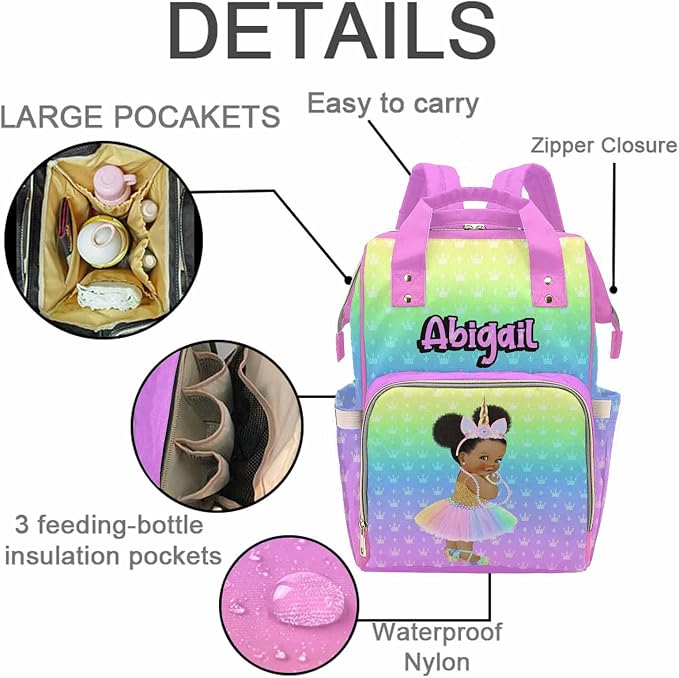 Personalized Name Diaper Baby Bag for Holiday Birthday Gift, Custom Multicolor Crown Mommy Nursing Backpack with Large Capacity Travel Daypack for Women Wife