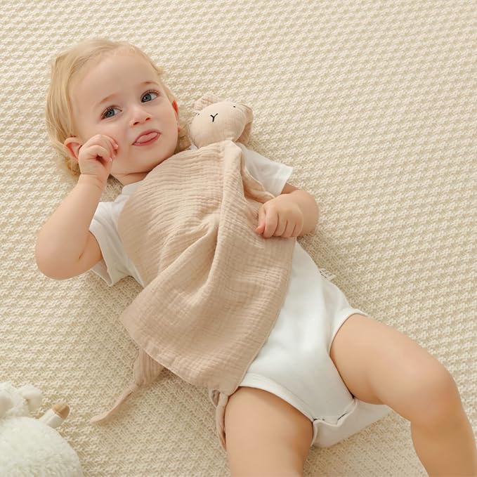 insular Lovey Blanket for Boys and Girls, Cotton Muslin Security Blanket for Babies, Bunny Lion Lovie Soothing Towel for Newborn and Infant, 2 Pcs Set (Pink&Khahi)