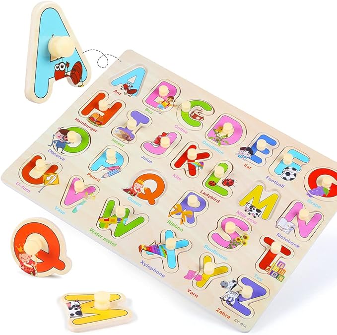 GRINNNIE Wooden Peg Puzzle for Toddlers 3 4 5 Years Old, 4 PCS Montessori Educational Learning Puzzles Set-Numbers, Letters, Animals and Fruits, Great Preschool Gifts for Girls and Boys