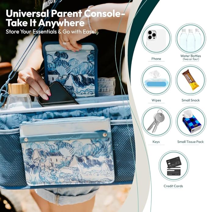 WONDERFOLD Universal Parent Console Stroller Organizer with Insulated Cup Holders, Hook & Loop Closure Handle Attachment, 2 Storage Pockets, Removable Shoulder Strap for Easy Transport