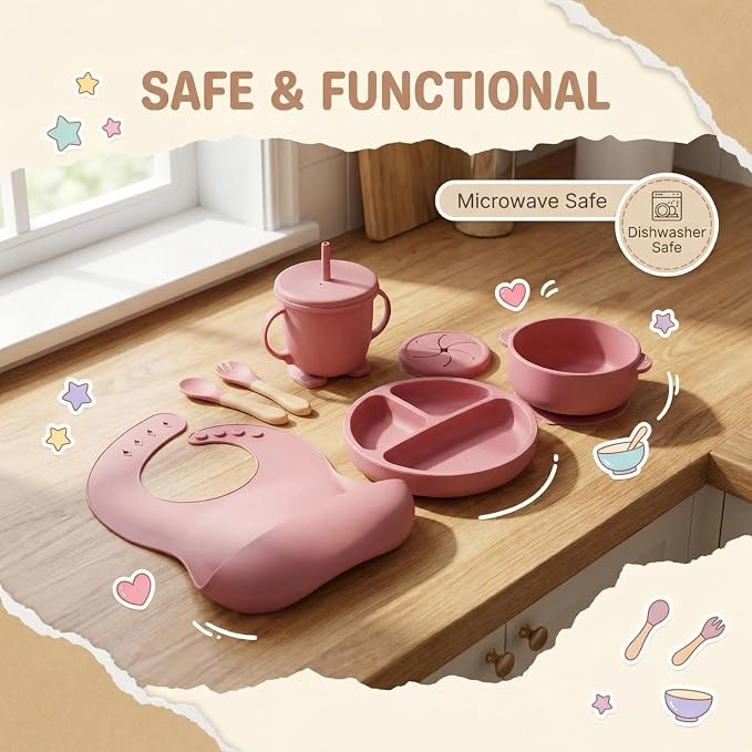 Silicone Baby Feeding Set with Suction Bowls, Divided Plate, Adjustable Bib, Wooden Handle Utensils, Training Cup, 9-Piece Weaning Essentials, Sage Green (Rosy)