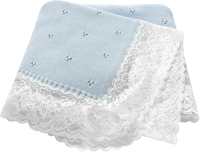 Hadetoto Cotton Lace Knit Baby Blankets, Super Soft Lightweight Crib Blanket for Infant Boys Girls, Nursery Bedding (Light Blue)