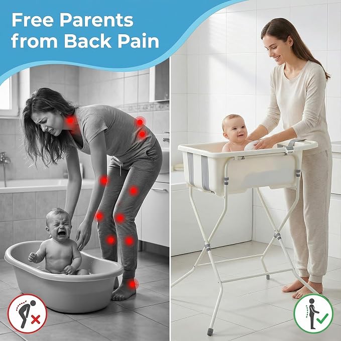 Baby Bathtub with Stand,Collapsible Infant Bath Tub | Large Capacity Newborn Toddler Shower with Thermometer & Soft Cushion for Baby 0 to 36 Months