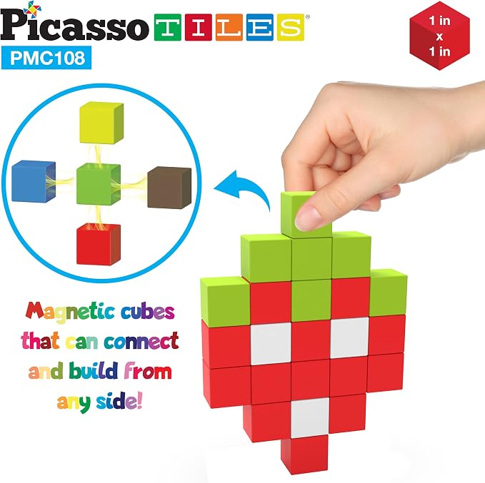 PicassoTiles 108PC Magnetic Puzzle Cube + Toys Carrying Case, 1" Pixel Mix & Match Cubes w/Free Idea Book Sensory Toys, Magnetic Tiles Construction Block Travel Bag, Waterproof Storage Organizer Box