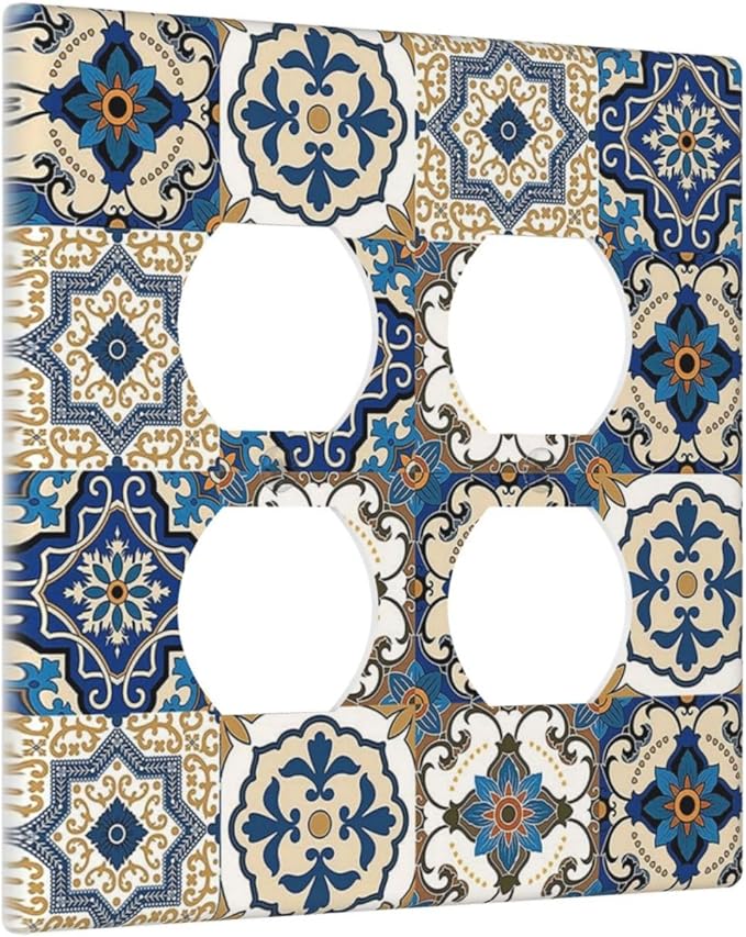 Boho Talavera Decorative Tile Moroccan Mandala Print Outlet Covers 2 Gang Double Duplex Decorative Light Switch Covers Electrical Wallplates Socket Faceplate for Bathroom Kitchen Decor