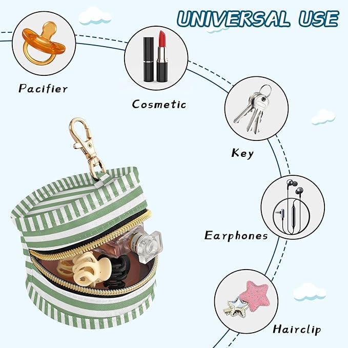 Sage Green Stripes Pacifier Holder Case Newborn Pacifier Storage Pouch for Boys Girls Easy Attach to Diaper Bag Portable Baby Essentials Container