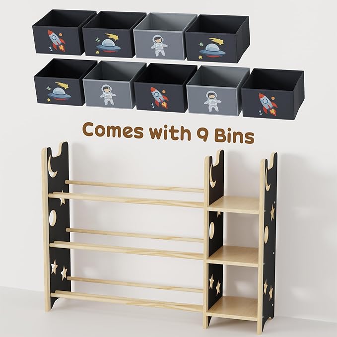 Toy Storage Organizer with 3 Shelves and 9 Bins, Black Starry Sky Bookshelf and Bookcase for Kids, Playroom Toy Bin Shelf for Bedroom & Room, 41.9" W