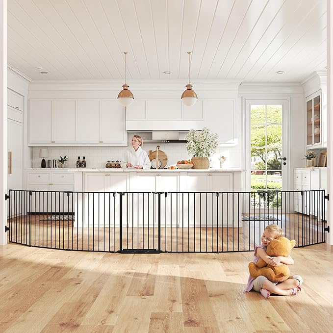 190" Extra Wide Baby Gate Playpen, Adjustable Baby Fence Play Yard, Long Dog Gates Indoor for Stair Doorway Fireplace, Large Child Gate for Toddler Kid Pet, Family Essentials Safty Gate, Black
