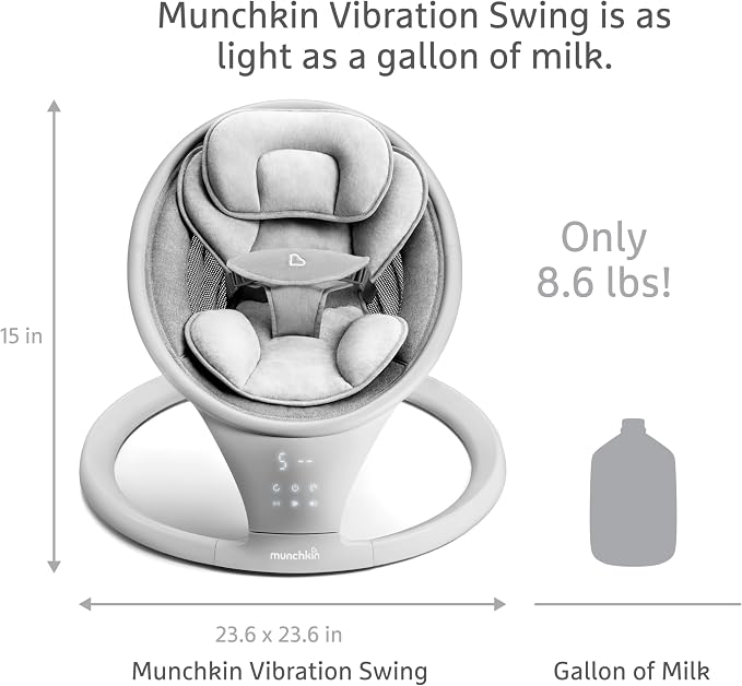 Munchkin Electric Baby Swing with Vibration - Portable Swing for Newborn and Infant, Bluetooth-Enabled Smart Seat with Music, Motion, and Sounds, Light Grey